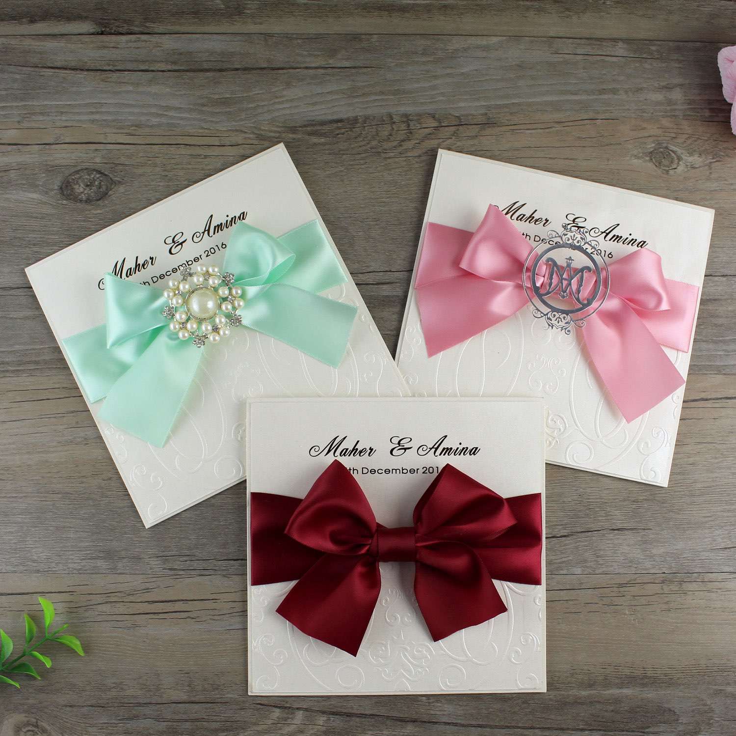 Embossing Invitation Card with Ribbon Bow Square Wedding Card Customized 
